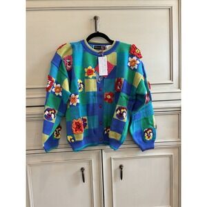 Christine Foley Color Block Checker Floral Ladybug Buttons Sweater SZ 1 M NWT